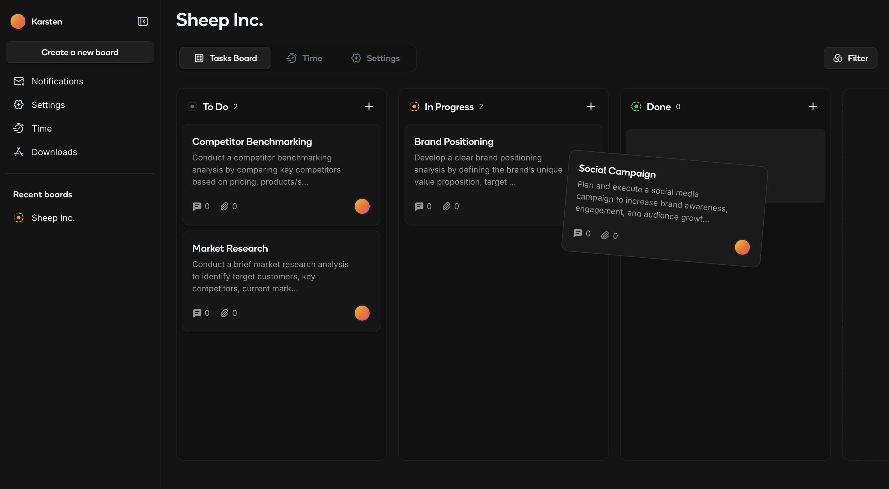 Frello interface in dark mode